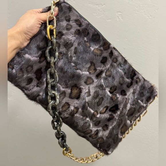 Leopard Real Mink Fur Handmade Large Clutch/Shoulder Bag/Crossbody, Multi Use - Picture 13 of 16